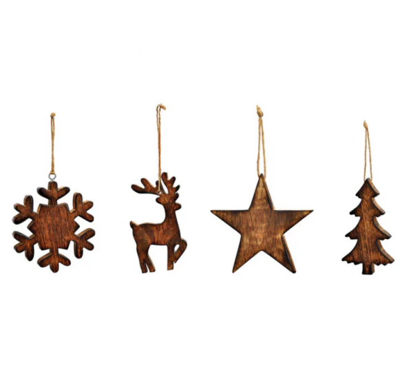 Mr Beam Adorno navideño (estrella/árbol/ciervo/copo de nieve), madera de mango, 12 x 12 x 1 cm