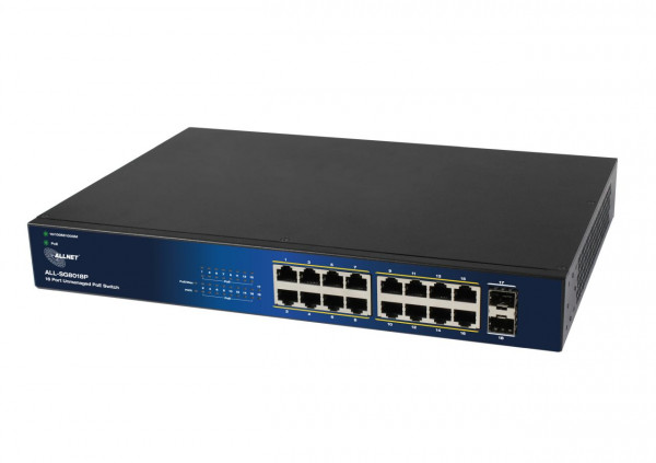ALLNET Switch unmanaged Layer2 18 Port • PoE Budget 240W • 16x PoE at • 2x SFP • 19&quot; • Fanless • ALL-SG8018P