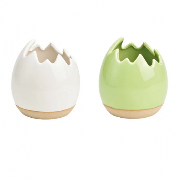 Mr Beam Maceta, decoración, huevo, cerámica verde y blanco, 11x12x11 cm, paquete de 2