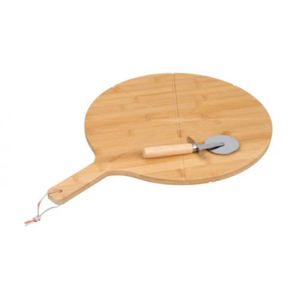 Mr Beam Tabla para pizza con cortador de pizza, bambú redondo, 37 cm de diámetro