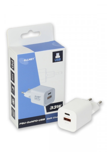 ALLNET Fuente de alimentación GaN QC USB-C PD 33W 1x USB Tipo-A / 1x USB Tipo-C