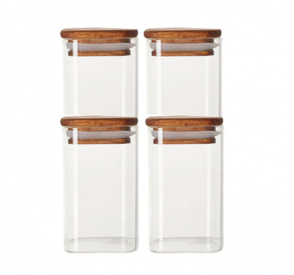 Mr Beam Tarro de almacenamiento con tapa de madera de acacia, 6 x 6 x 11 cm, paquete de 4